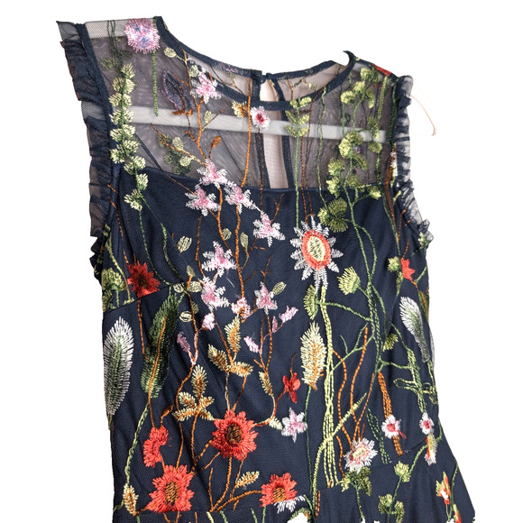 Morgan & Co Navy Lace Floral Embroidered Illusion Garden Fairy Short Formal Gown - Picture 12 of 16